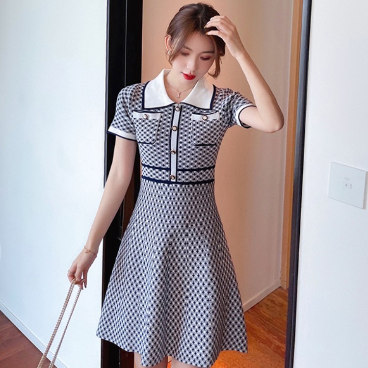 Korean Knitted Mini Dress Summer Elegant Fashion Ladies Short Sleeve High Waist A-line Sweater Dresses Vestidos Femme 210519