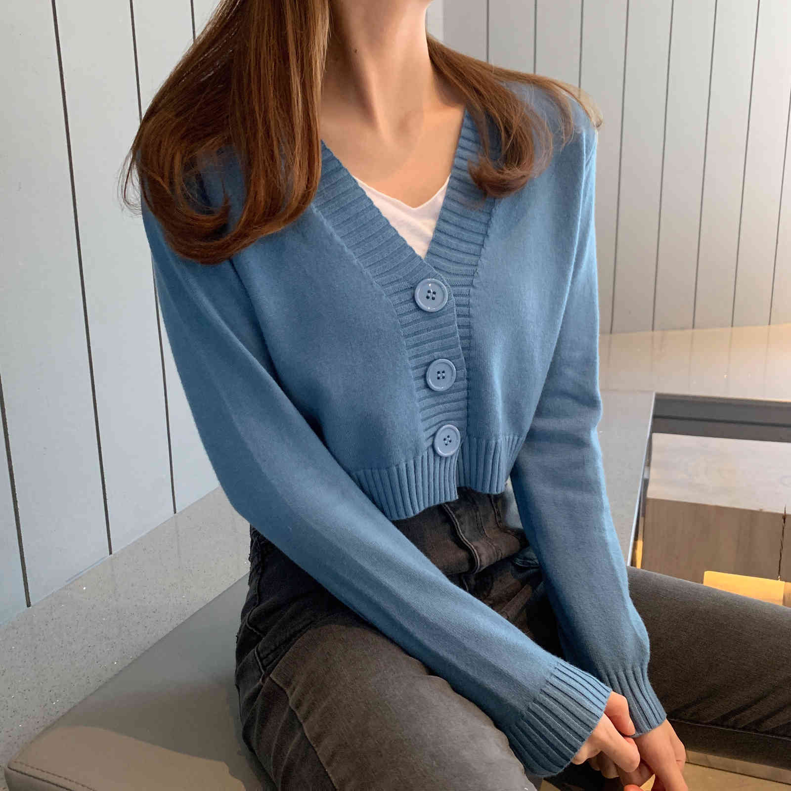 V-neck Sweater Female Spring Autumn Crop Cardigan Knitted Coat Tops Casual Slim Cropped Cardigans Sueter Mujer 210519