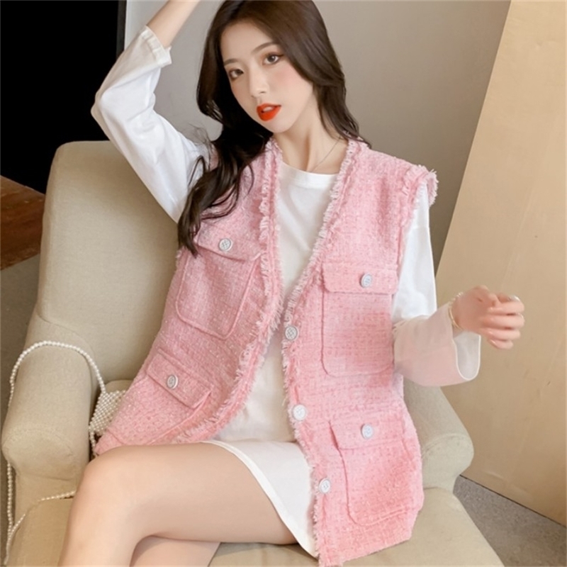 Spring Pink Tweed Vest Women's Fashion Cardigan Retro Solid Sleeveless Single Breasted Casual Tassel Coat 210519
Spring Pink Tweed Vest Women's Fashion Cardigan Retro Solid Sleeveless Single Breasted Casual Tassel Coat 210519