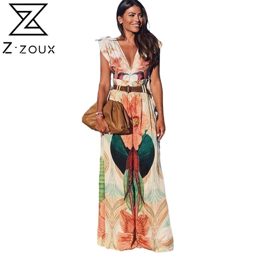 Women Jumpsuit V-neck Sleeveless Print Rompers s Vintage Sexy Plus Size Long Jump Suits 210513