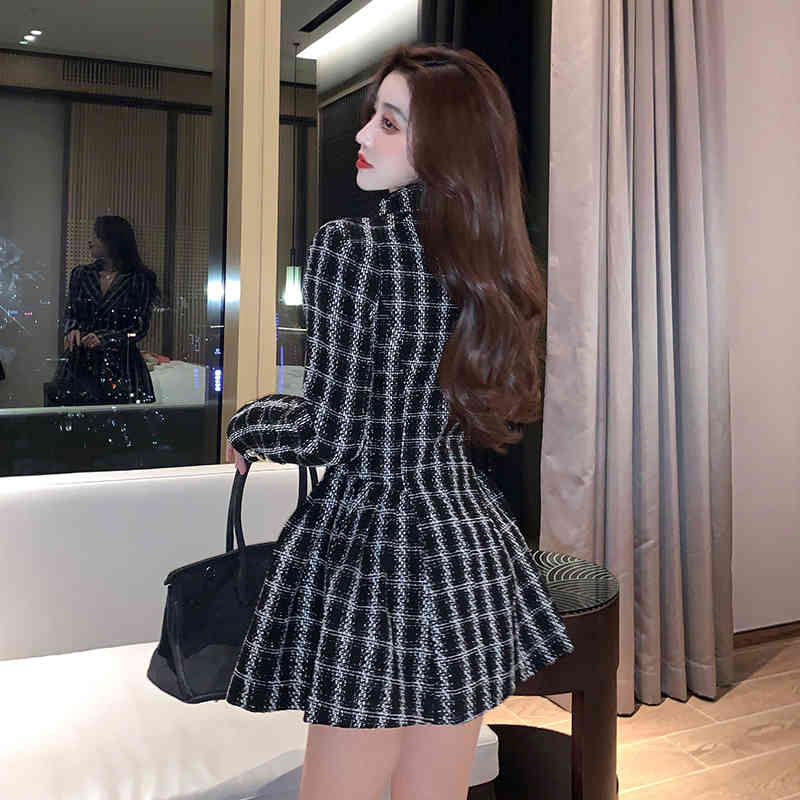 Spring Autumn Women's Elegant Office OL Plaid Tweed Temperament Suit Double Breasted High Waist Slim Pleated Mini Dress 210519