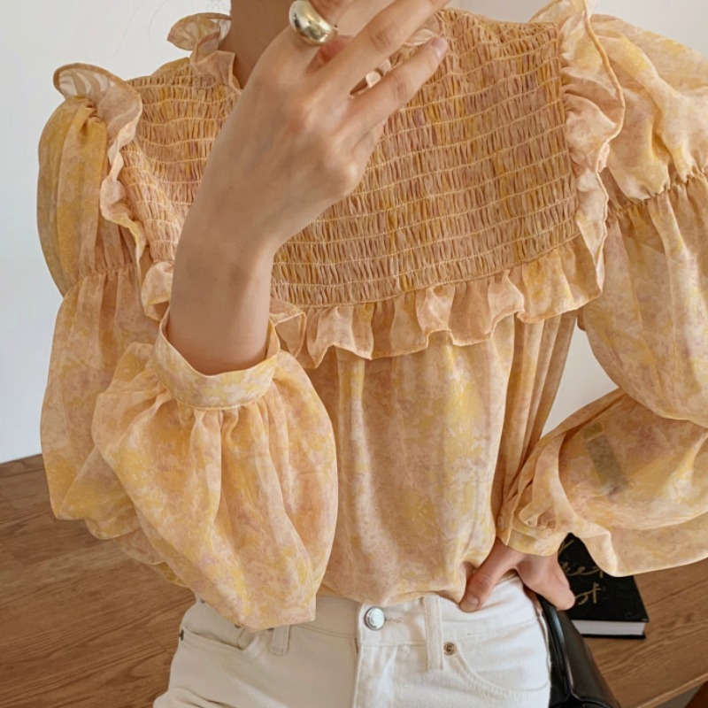 Nomikuma Chic Ruffled Collar Women Shirt Korean Floral Causal Blouse Tops Spring New Puff Sleeve Blusas Mujer De Moda 6F557 210427