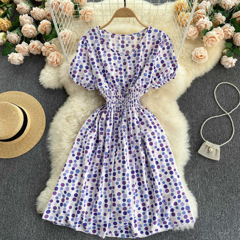 DEAT Women Printing Beach Vacation Dress Round Neck Puff Sleeve Arrivals Lady Fashion Temperament Spring Summer 11D564 210709