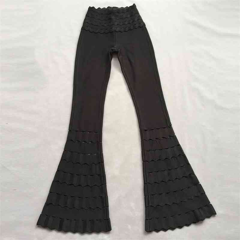 Summer Women Elegant Black Long Flare Pants Sexy Club Party Fashion Bandage Rayon Casual Out Wear Lady Full 210423