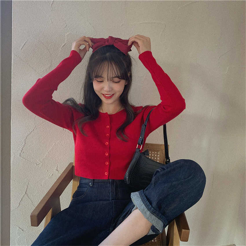 Korean O-neck Short Knitted Sweater Pink Cardigan Fashion long sleeve Sleeve Crop Top Sweet crop sweater 210914