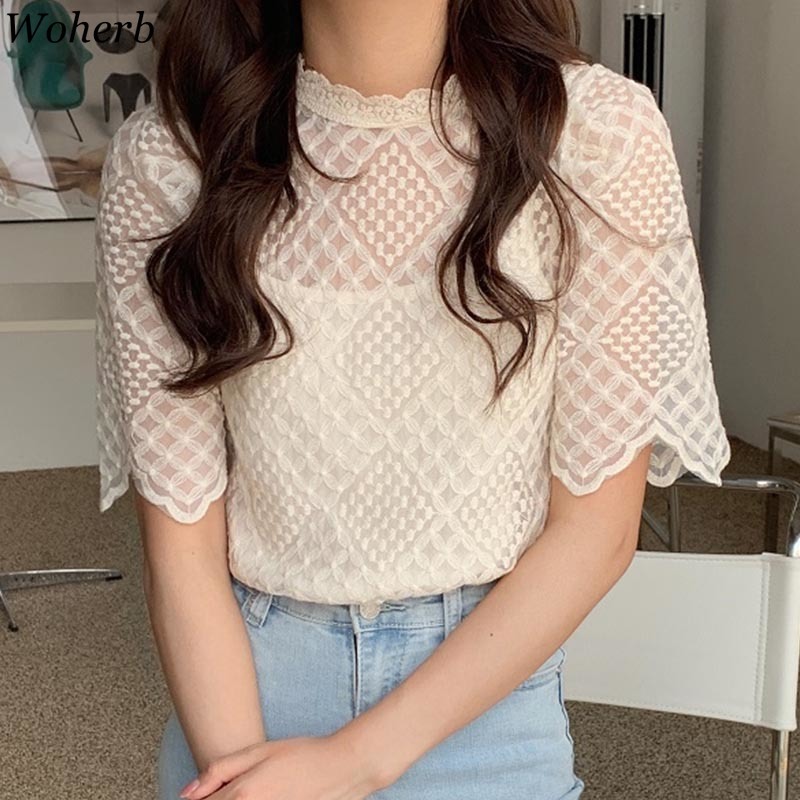 Clothes for Women Blouses Sweet Stand-up Collar Lace Hollow Crochet Floral Blusas Short Sleeve Chic Shirt Korean Tops 210519