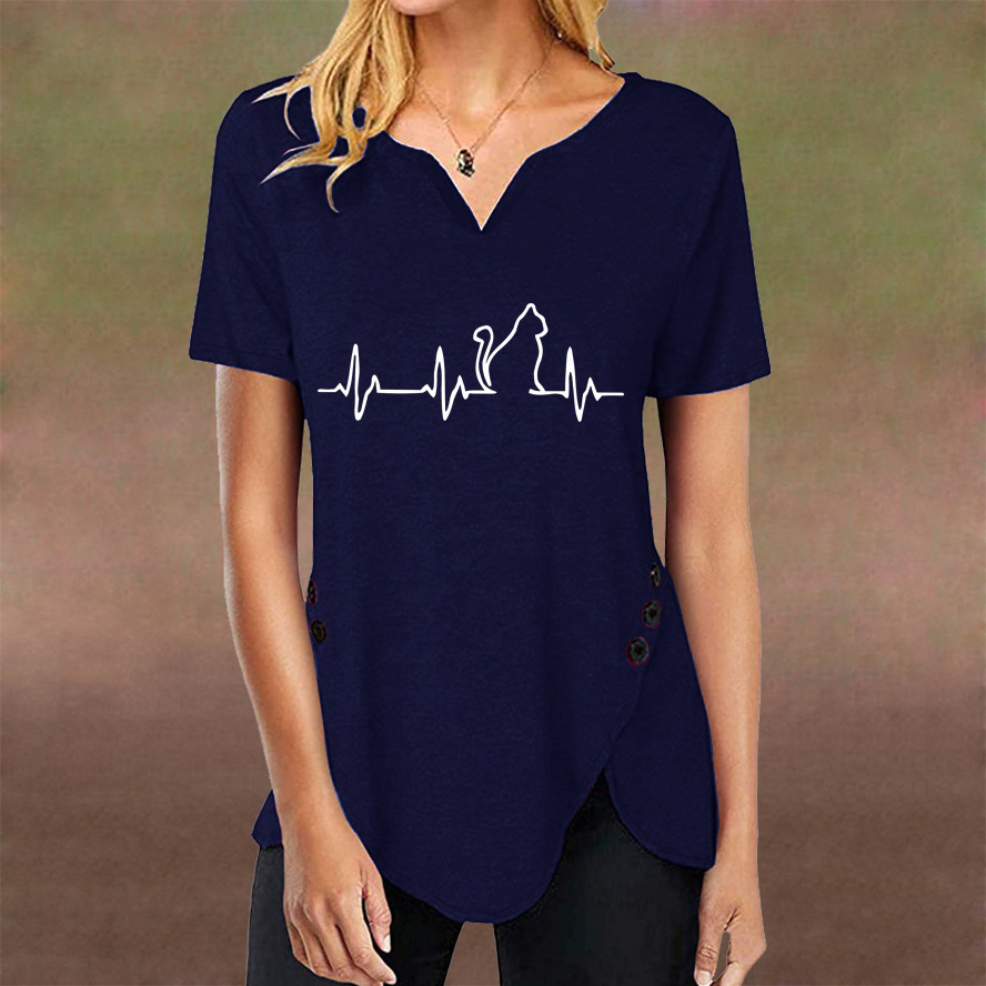 Women Casual Fashion T-shirt Sun Moon Print Loose V-neck Short Sleeve Button Irregular Tshirt Summer Tops Plus Size 5XL 210522