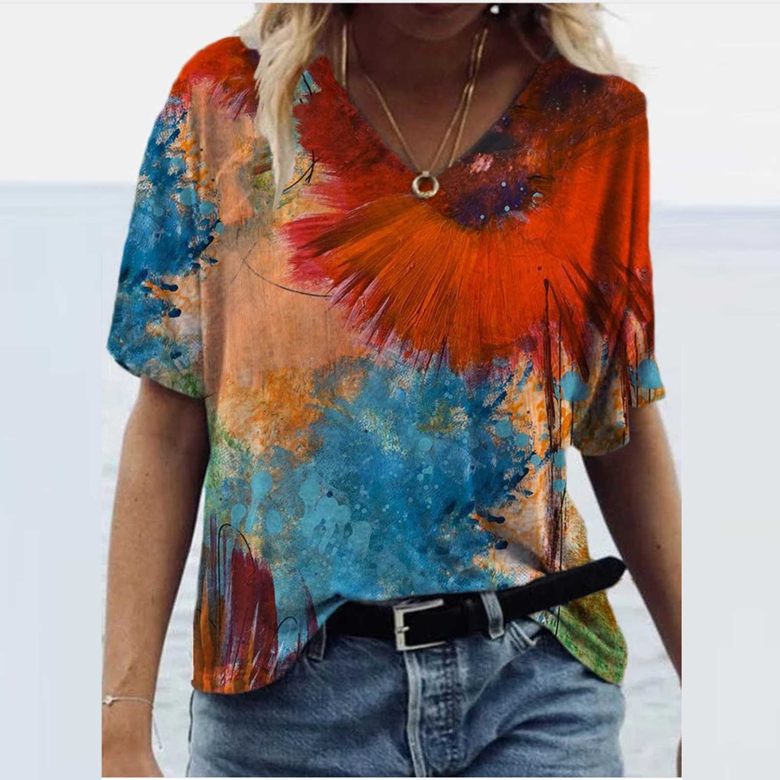 Summer Women T Shirt Casual 3D Abstract Painting Printed V-Neck Short Sleeve Loose Tops Plus Size Streetwear Tee Top Ladies 210526