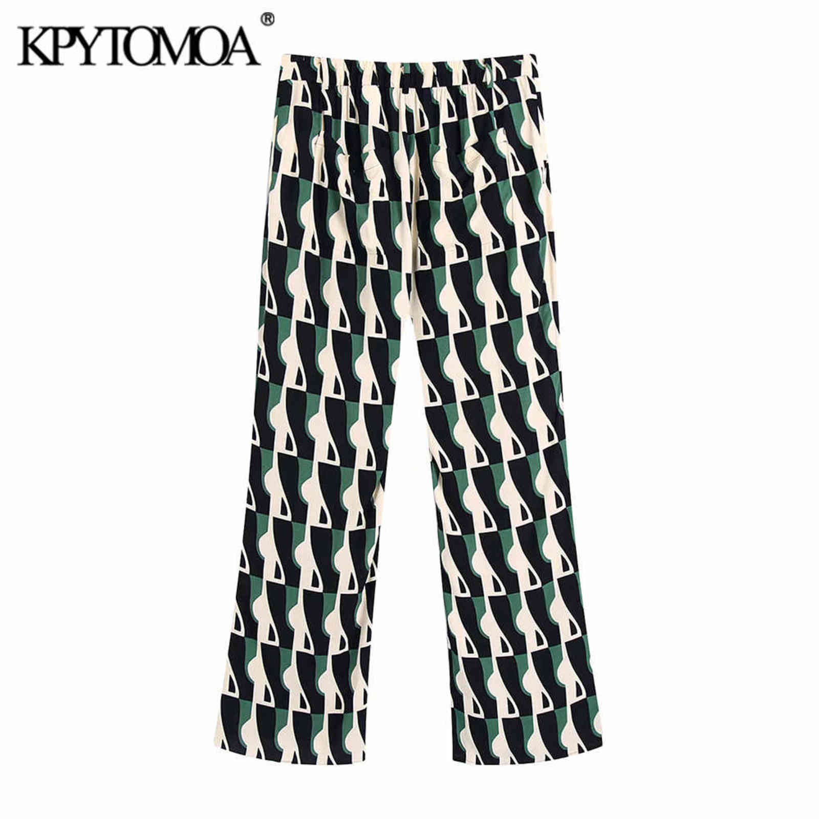 KPYTOMOA Women Fashion Side Pockets Printed Flared Pants Vintage High Elastic Waist Zipper Fly Female Trousers Mujer 211115