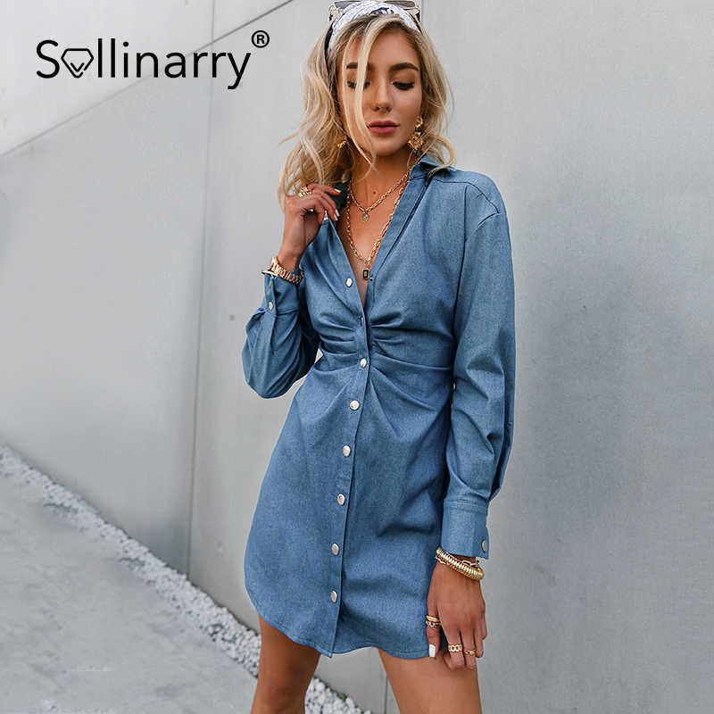 Sollinarry High street blue shirt dress women Long sleeve sheath summer dress Casual botton pleated solid midi dress streetwear 210709