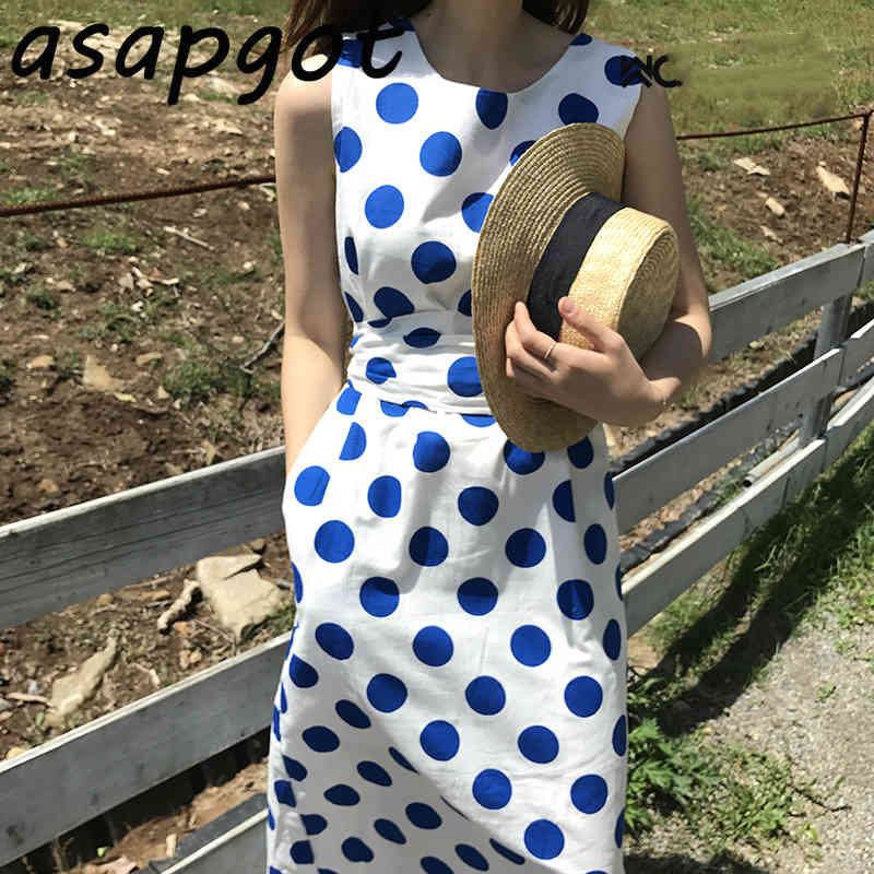 Summer O Neck Cotton and Linen Bow Sleeveless Tank Polka Dot Dress Women Slim Chic Korean Temperament Retro Vestidos Mujer 210429