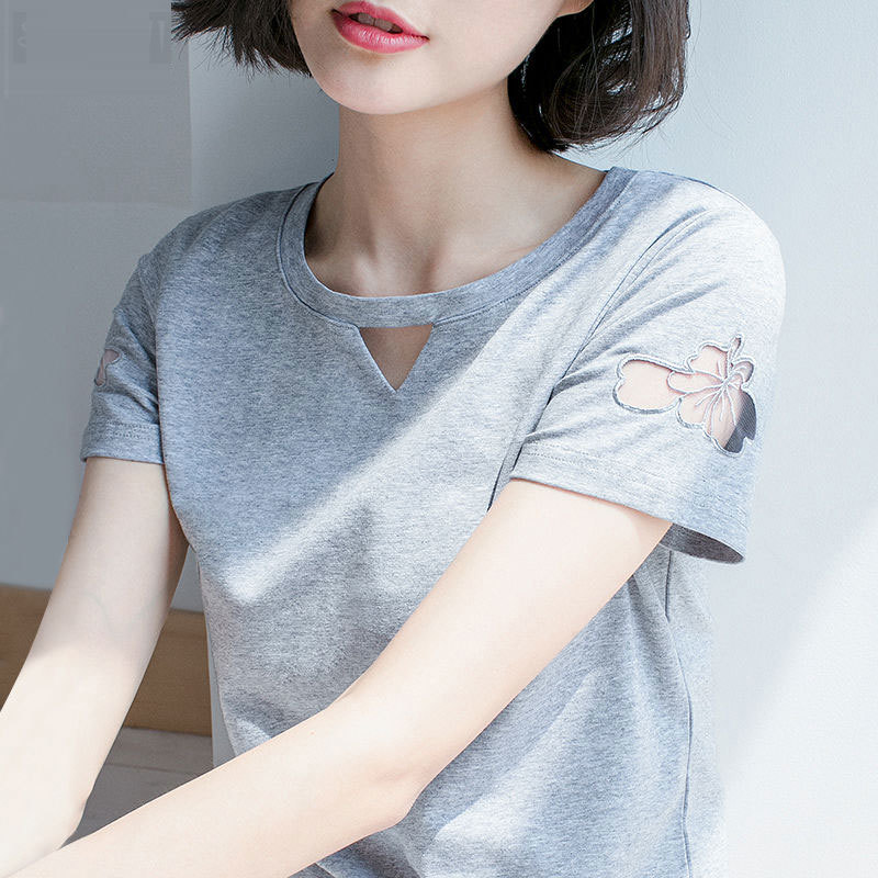 Summer Women T-shirts Plus Size Mesh Hollow Out Embroidery Short Sleeve Tee Shirt Femme V-neck Casual Tops D40 210512
