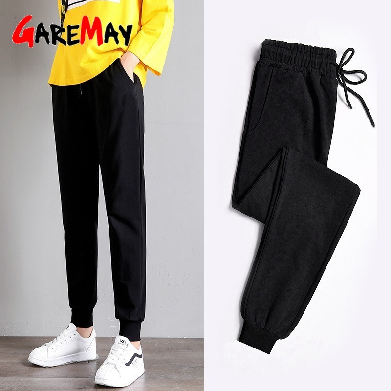 Women's Pants Plus Size Korean Style Motion Elastic Waist SportsTrousers Black White Striped Side Sweatpants Women 210428