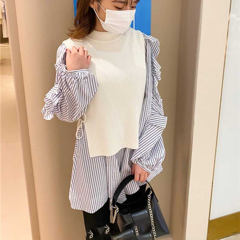 Spring Office Lady 2 Pcs Women Set Elegant Long Sleeve Ruffles Draped Shirt + O Neck Sleeveless Knit Vest Loose Suit 210525