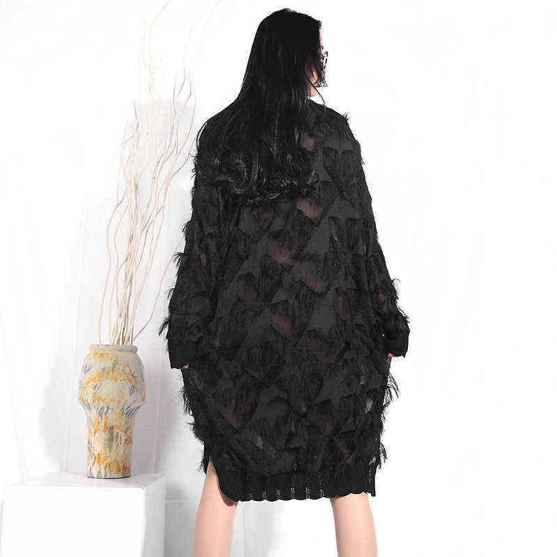 [EAM] 2022 Spring Autumn Stand Collar Long Sleeve Black Perspective Split Joint Big Size Dres Fashion JI78 211221