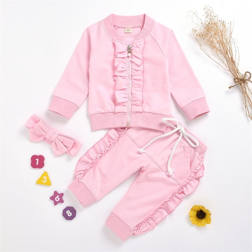 Summer Children Sets Casual Long Sleeve Zipper Coat Ruffles Pants Hair Band Pink Cute 2Pcs Girls Clothes 1-6T 210629
Summer Children Sets Casual Long Sleeve Zipper Coat Ruffles Pants Hair Band Pink Cute 2Pcs Girls Clothes 1-6T 210629