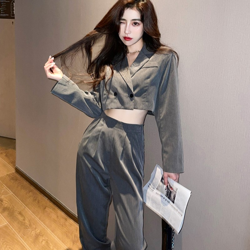 Spring Women Two Piece Set Fashion Notched Collar Long Sleeve Sexy Short Coat + High Waist Office OL Pants Suits 210519