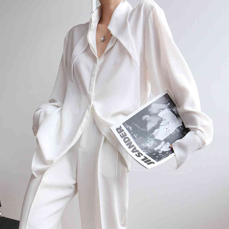 Loose White Blouse For Women Lapel Long Sleeve Casual Minimalist Basic Shirt Female Fashion Clothes Spring 210524
