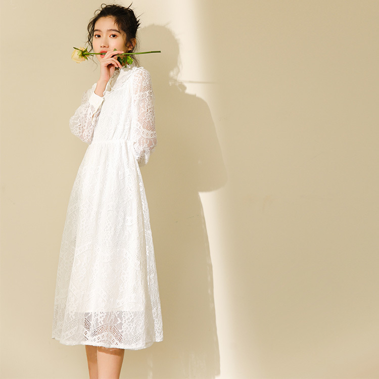 Elegant A-Line Vestidos White Dress Women Spring Long Sleeve Stand Collar Lace Ruffle Female Clothes 210520