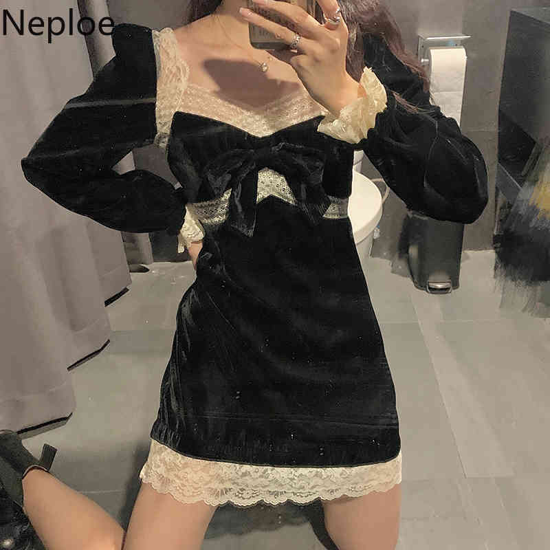 Neploe Korean Vintage Velvet Dress Autumn Winter Temperament Vestidos Lace Patchwork Square Collar Black Mini Dresses Women 210422