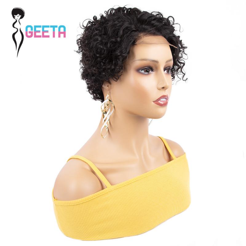 Lace Wigs Geeta Pixe Cut Straight Closure Wig 4x4 Brazilian Short Bob Front Human Hair 6" Remy Pxie Cur