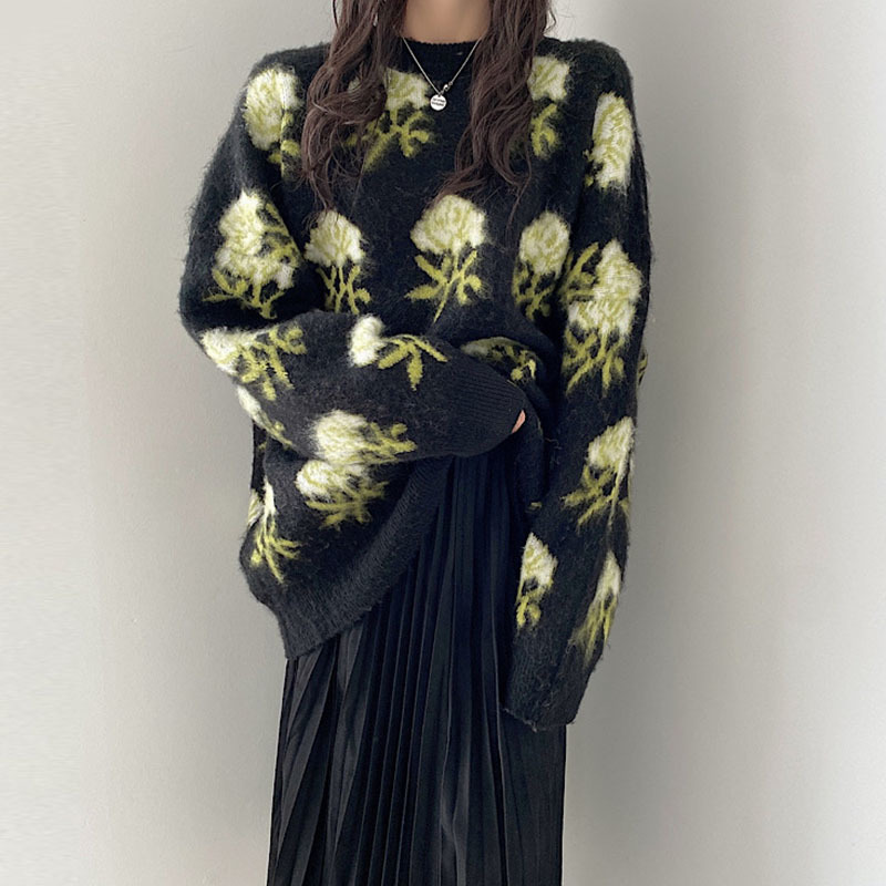 Nomikuma Korean Chic Vintage Floral Pullover Sweater Causal Long Sleeve O-neck Pull Femme New Women Knitted Jumper 6E220 210427