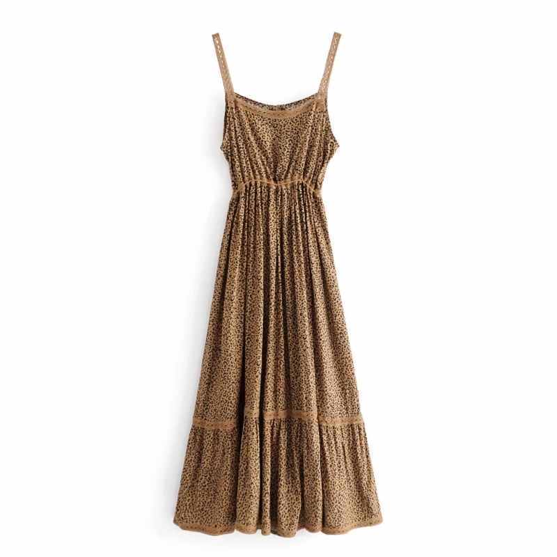 Women Leopard Print Waist Drawstring Lace Splicing Suspender Dress Female Sleeveless Clothes Casual Lady Loose Vestido D7388 210430