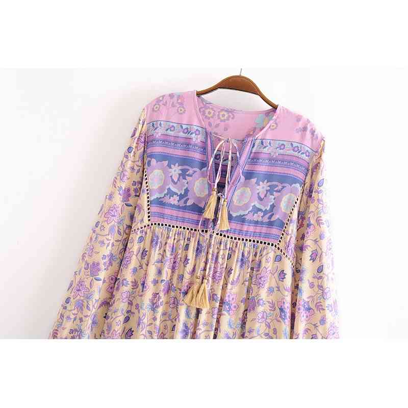 Summer Women's Boho Style Lace-Up Positioning Vintage Printing Long Sleeve Fringe Stitching Lace Dress 210514