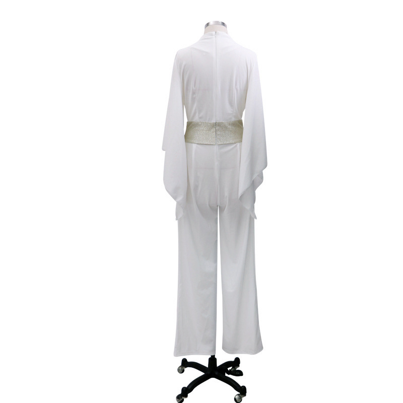 Women Jumpsuit Deep V Neck Flare Sleeve Long Rompers Womens Sequined Spliced Temperament s XL 210524