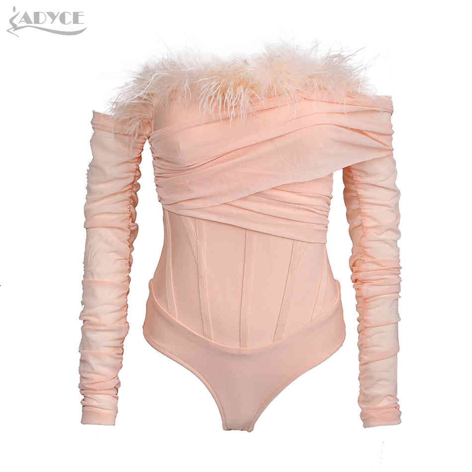 Winter Women Pink Feathers Off Shoulder Bandage Bikini Bodysuits Sexy Long Sleeve Club Party Bodycon Rompers 210423
