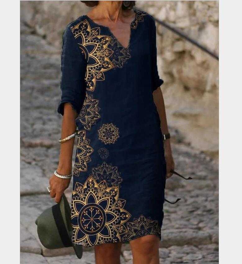 Women Printing Dress Summer V-Neck Half Sleeve A-Line es Female Retro litera Vintage Loose Vestidos 210623