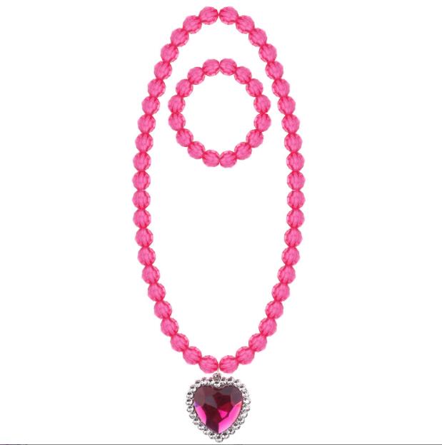 Beads Necklace and Bracelet Set for Kids Girls Jewelry with Crystal Heart Pendant Dress Up Pretend Play Party Favor Pink Blue Purple