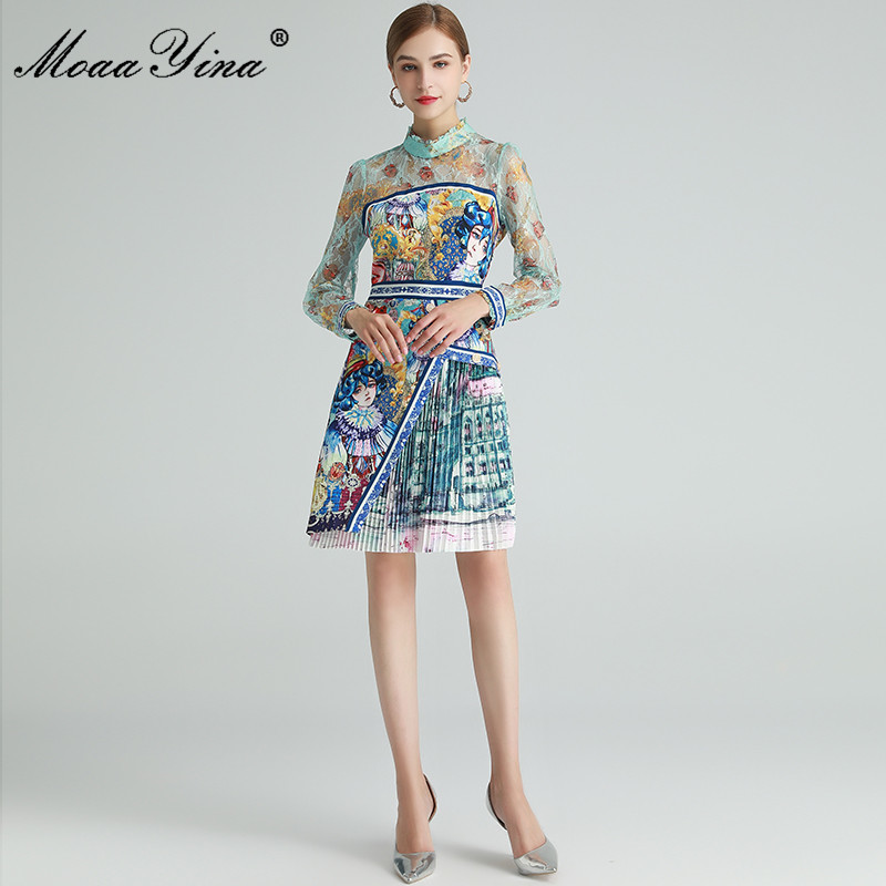 Fashion ner dress Spring Women's Dress Mesh Long sleeve Lolita Style Anime Print Pleated Dresses 210524