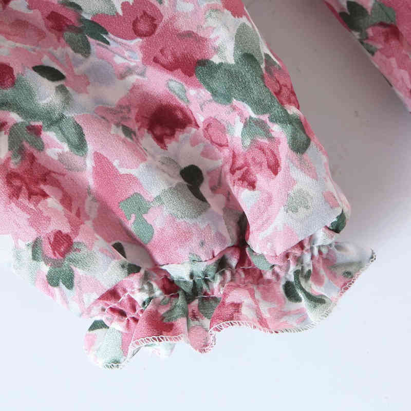 Casual Woman Pink Print A-Line Chiffon Long Dress Spring Fashion Ladies Drapped Dresses Female Sweet Holiday 210515