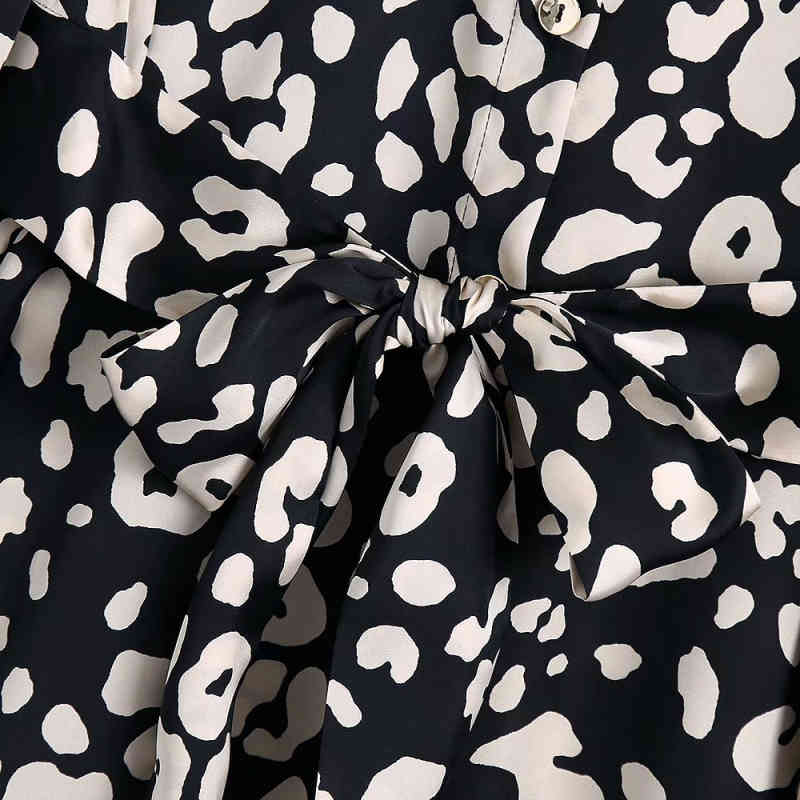 Vintage Woman Black Leopard Satin Sashes Long Dress Spring Fashion Ladies Shirt es Female ELegant Patry 210515