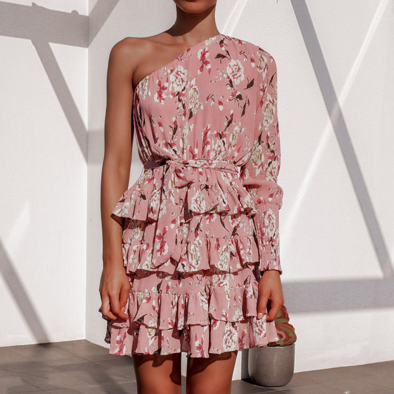 Summer Boho Beach Dress Women Long Sleeve One Shoulder Floral Print Chiffon Party Elegant Ruffles Sexy Mini Robe Ete 210515