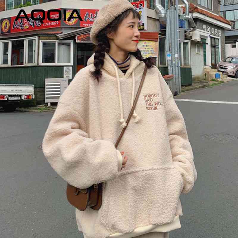 Autumn Chic Korean style Letter embroidery Women's Hoodies Warm Sweatshirt Casual INS Oversize Solid Color Female Pullovers 210521