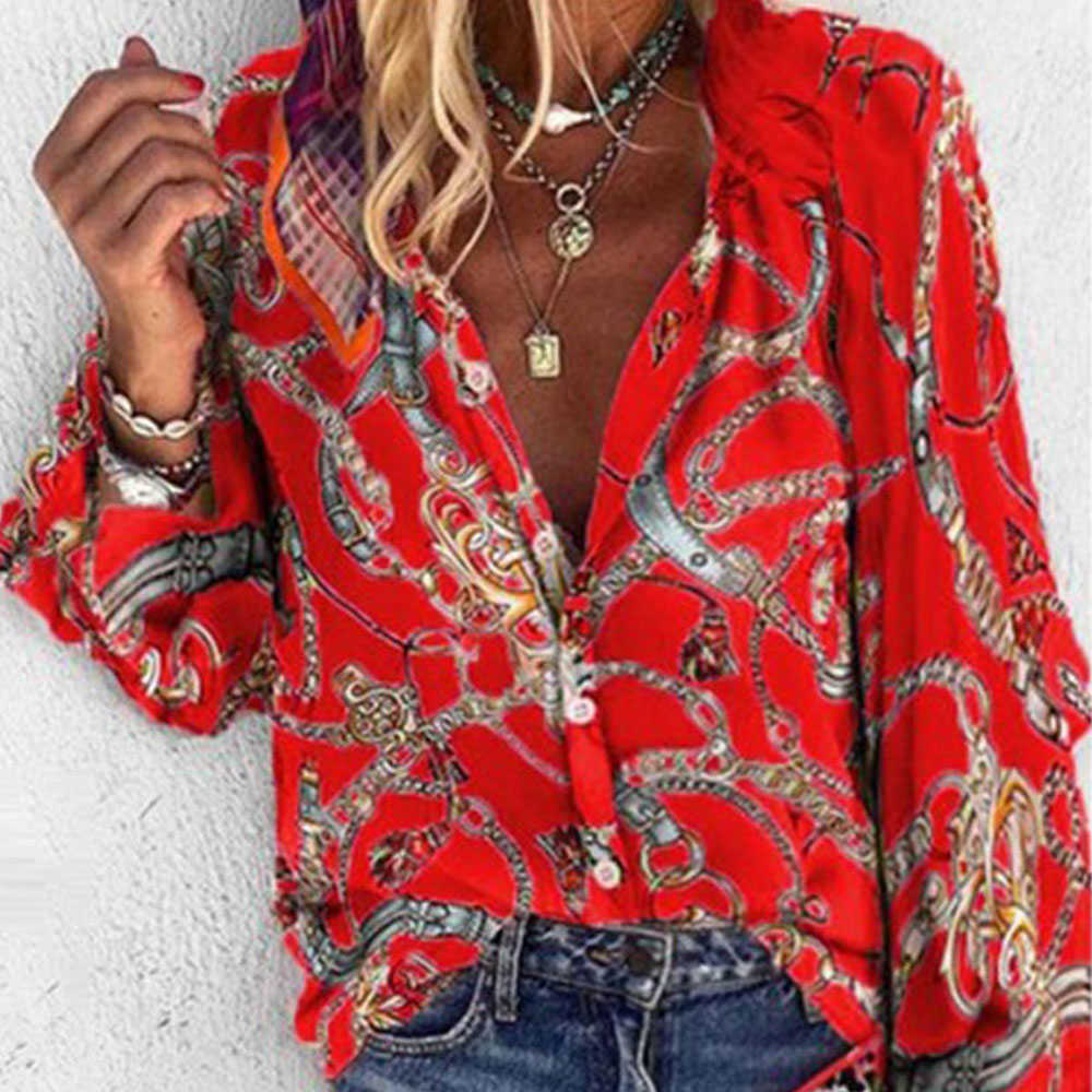 Casual Spring Summer Long Sleeve Blouse Women Vintage Chain Print Loose Shirts Plus Size 5XL Tops Single-breasted Tunic 210619