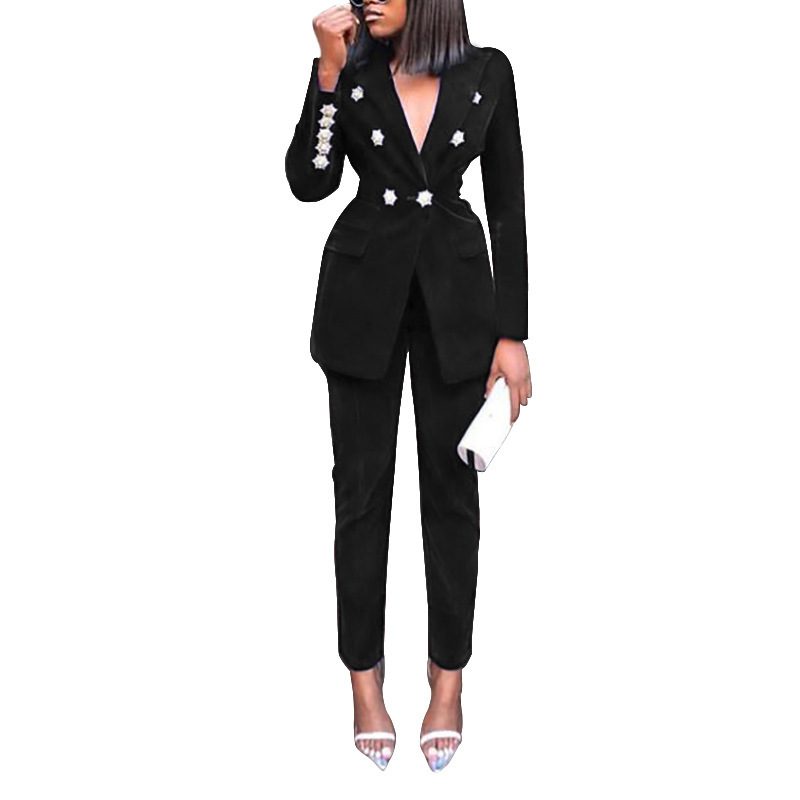 Women Pant Suit Solid Temperament s Suits Blazer With Pants Fashion Set Autumn Winter 210513
