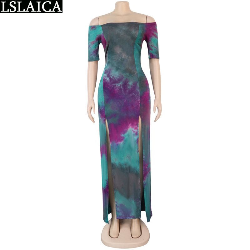 Women dress short sleeve Slash neck Tie-dye print loose casual long hem split elegant wild evening party club female 210515