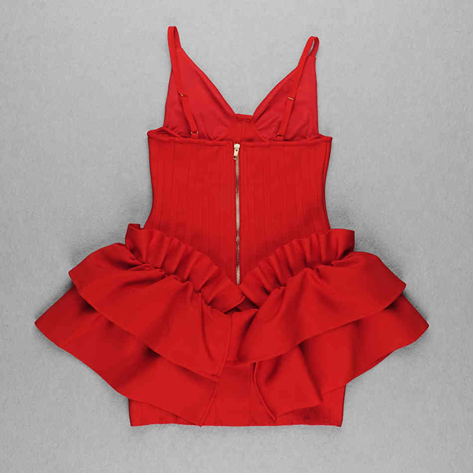 Women'S Red Ruffled Mini Dress Sexy Spaghetti Strap V-Neck Draped Bandage Bodycon Club Vestidos 210525