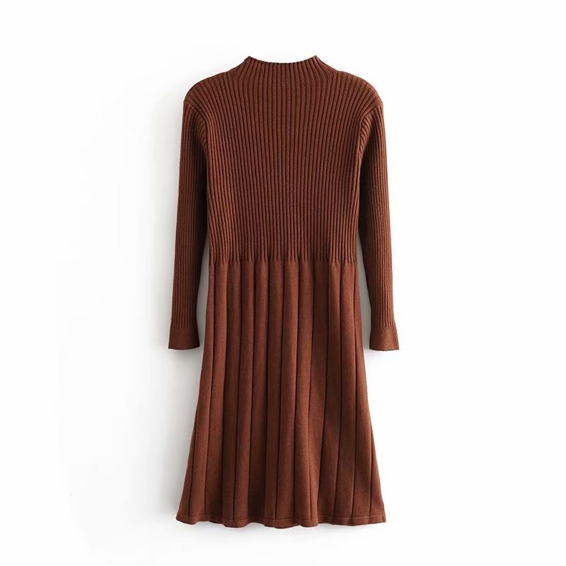 Women Casual Knitted Sweater Dress Autumn Winter Long Sleeve Elegant Pleated Solid Turtleneck Ladies Midi es 210515
