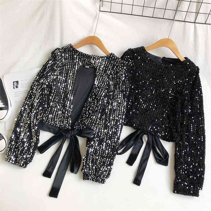Gagarich Women Chic Blouses Korean New Shinny Sequins O Neck Long Sleeve Tops Ladies Sexy Bow Lace Up Backless Short Shirts 210323