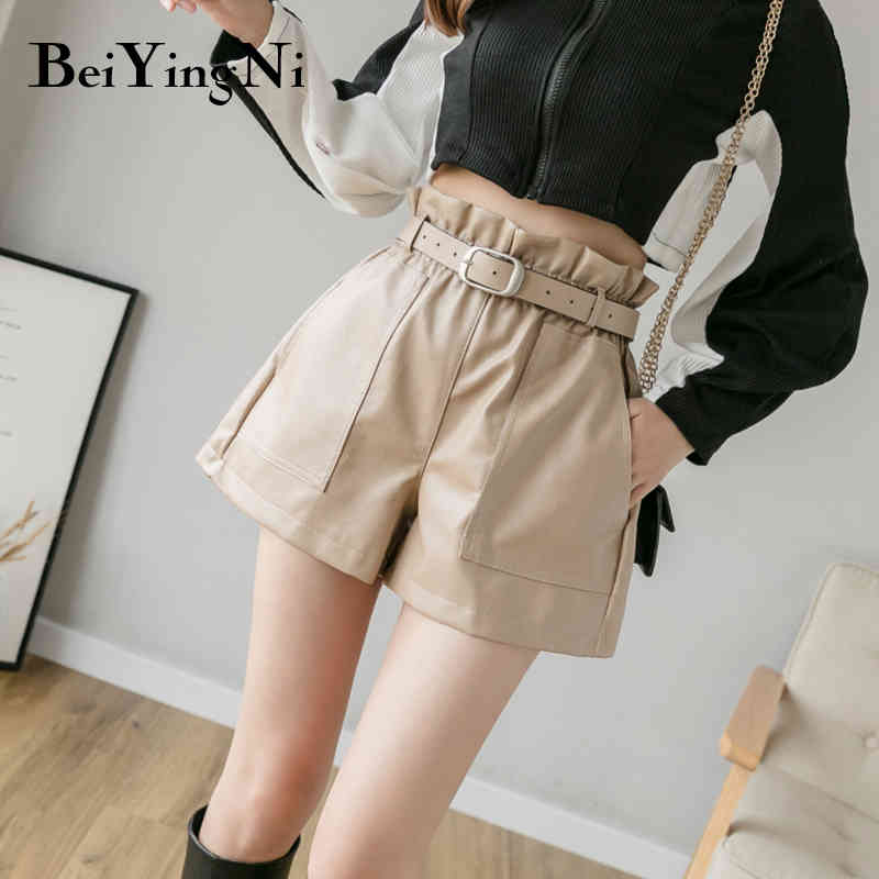 High Waist Shorts Women Vintage Loose PU Leather Female Pockets Belt Streetwear Fashion Korean Chic Short Pants 210506