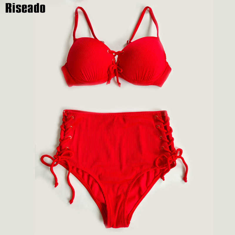 Riseado High Waist Bikini Push Up Swimwear Women's Swimsuit Yellow Bikinis Lace Sexy Biquini Strap Bathing Suit Summer 210625