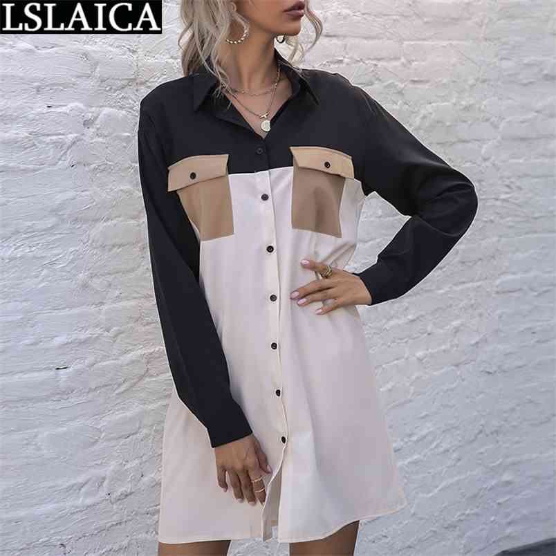 Fashion Shirt Dress Women Color Matching Arrival Patchwork Dresses Casual Style Button Pocket Slim Party Vestidos De Verano 210515