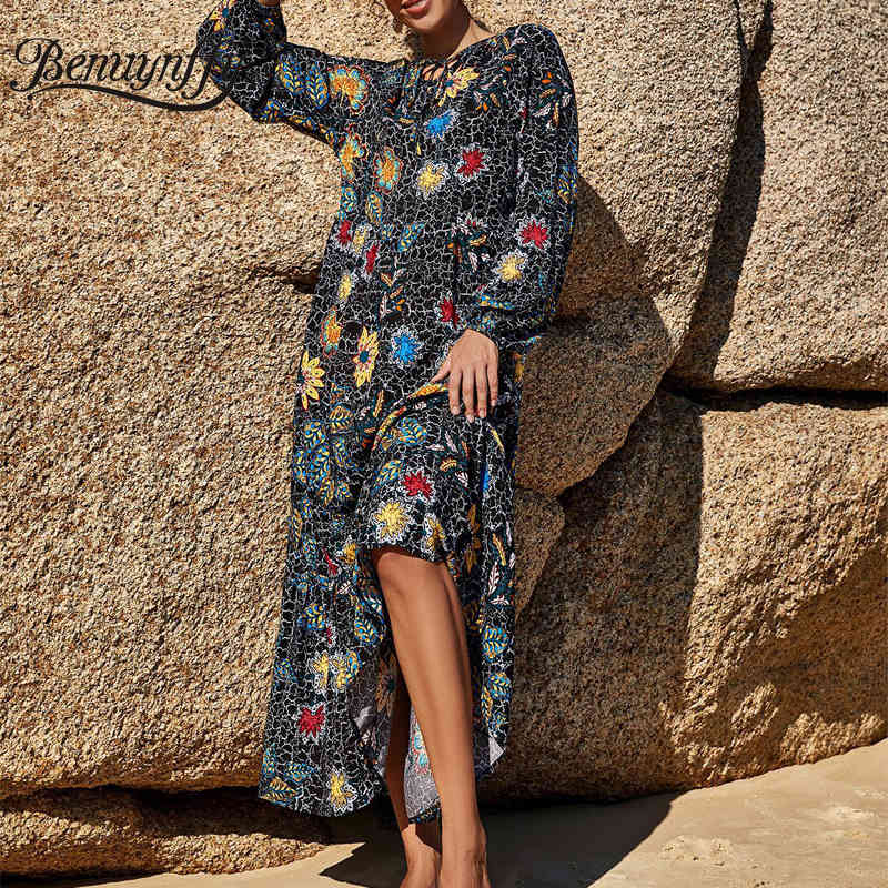 Tie Neck Spring Print Long Maxi Dresses Women Holiday Casual High Waist Sleeve Pleated Swing Dress Clothing 210510