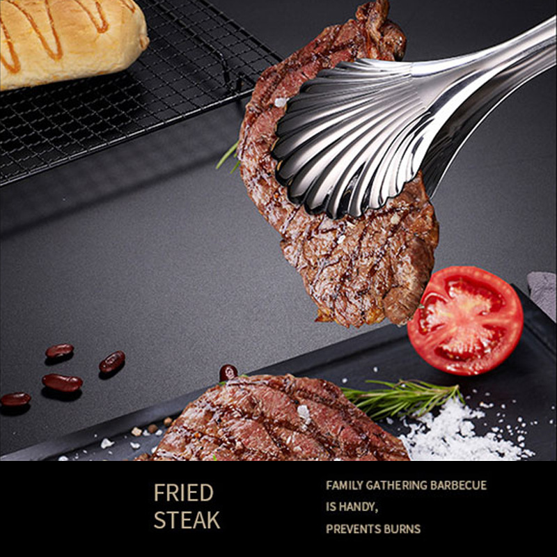 Food Tong Stainless Steel Versatile Shell Shape Bread Tongs Cooking Clip Clamp Salad Tools Grill Kitchen RRD7712 Free shipping