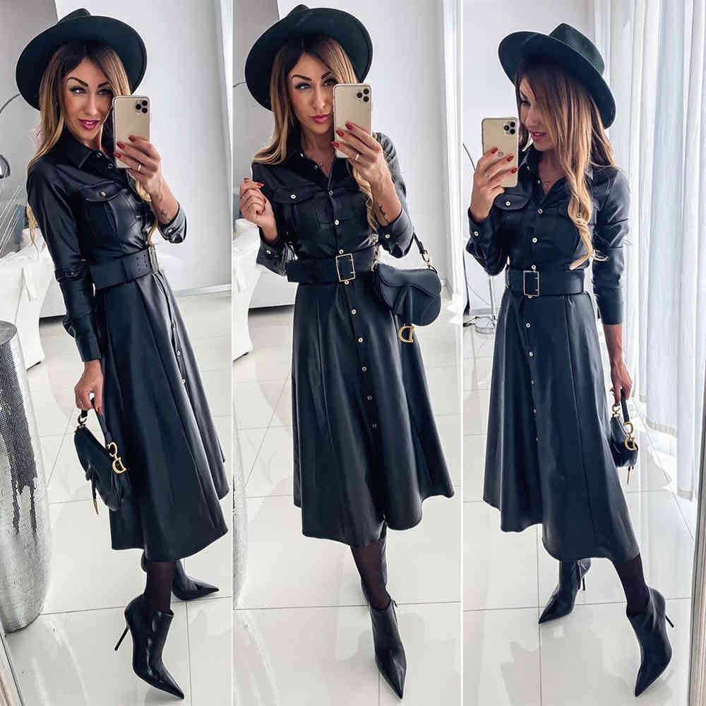 Leather Shirts Dress Casual Ladies Lapel Buttons Black PU Dresses with Belt New Spring Autumn Long Sleeve Women Maxi Dress LJ201204