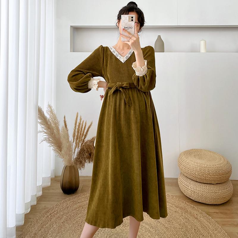 Maternity Dresses 1947# Autumn Winter Korean Fashion Corduroy Long Party Dress With Lace Bodycon A Line Loose Ties Waist Slim Clothes, Black
Maternity Dresses 1947# Autumn Winter Korean Fashion Corduroy Long Party Dress With Lace Bodycon A Line Loose Ties Waist Slim Clothes, Black